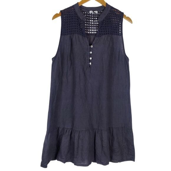 Rosemarine Italian Linen Dress Size L Navy Blue Sleeveless Crochet Shift Ruffle - Picture 1 of 12